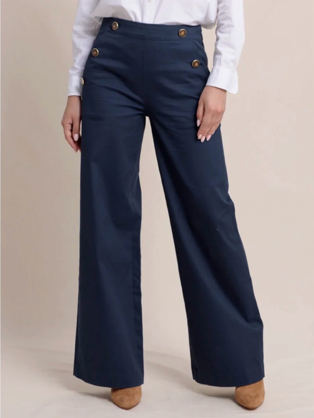 Southern Tide Navy High-Rise Wide Leg Pants with Gold Buttons